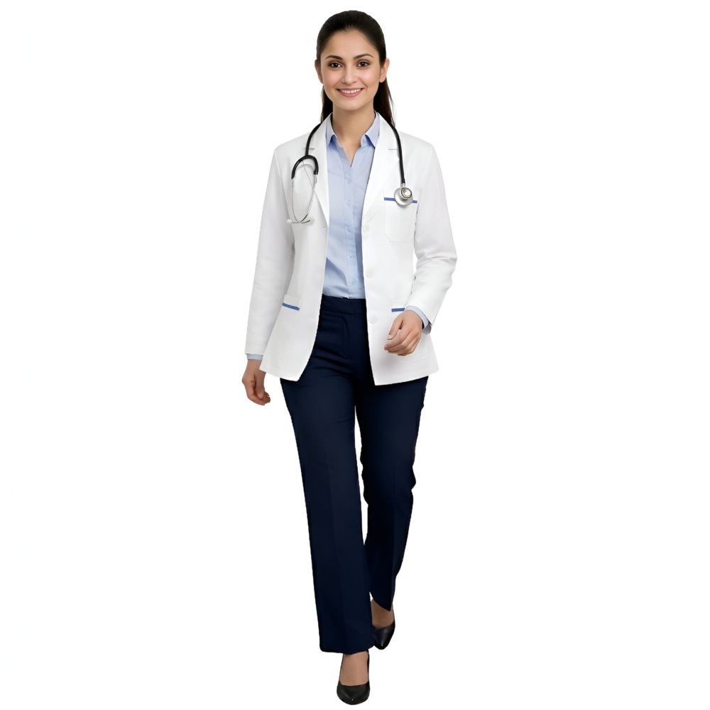 Women's Short Lab Coat - Blue Stripe - pocket detail | Medex Wear