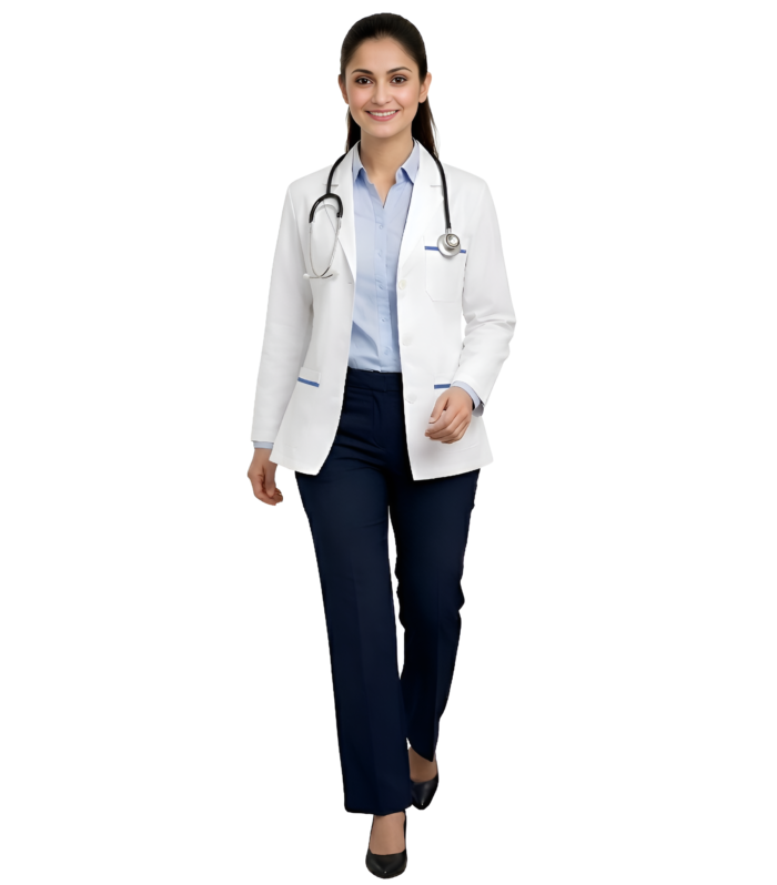 Women Short Lab Coat With Full Sleeves Blue Stripe