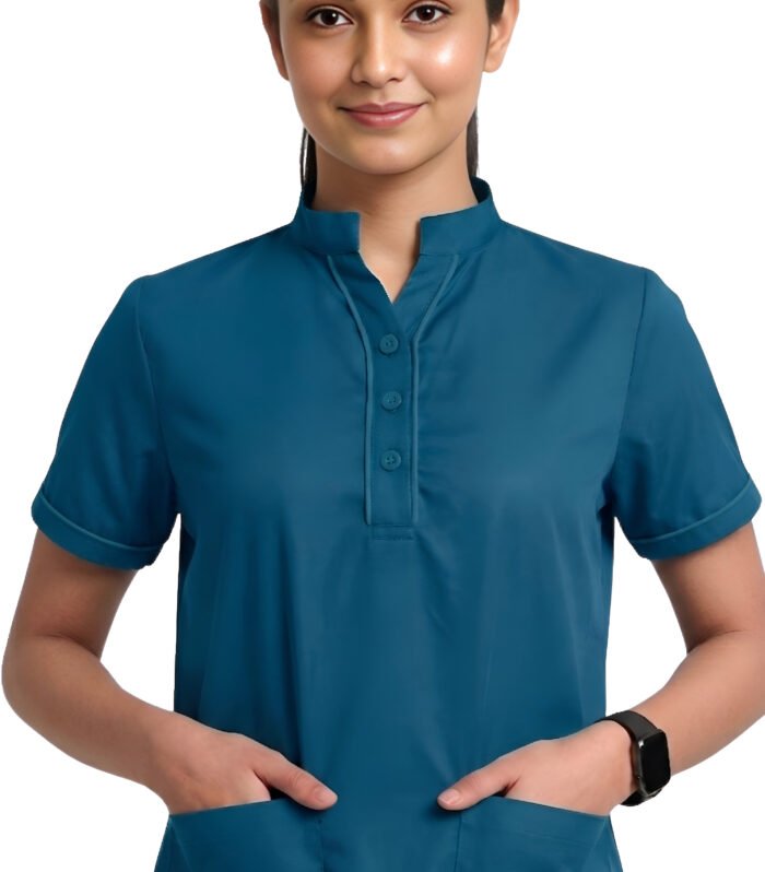 Professional Staff Set For Women Button Neck Style - Teal Blue