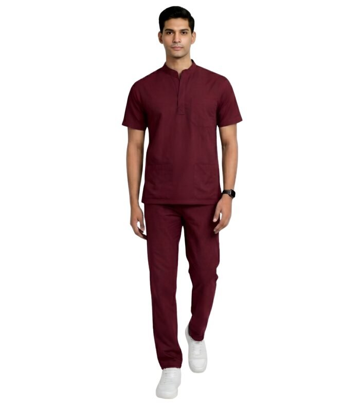 Medical Uniform Mandarin Scrubs Set For Men Comfortable Daily Wear - Maroon