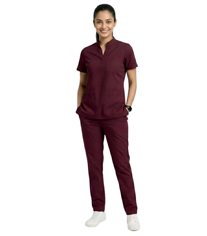 Medical Uniform Mandarin Scrubs Set For Women Comfortable Daily Wear - Maroon