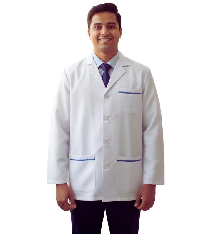 All Day Men’s Short Lab Coat Full Sleeves Blue Stripe Apron